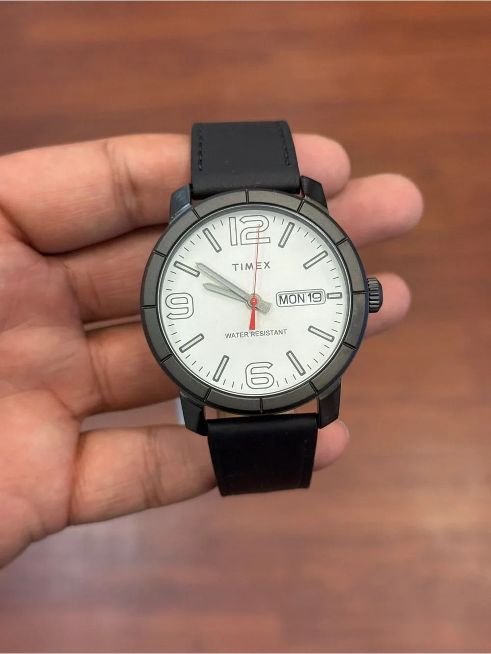 Timex Black Leather Strap Watch with White Dial and Red Seconds Hand Mens Watch